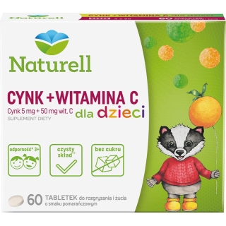 NATURELL Cynk+Witamina C dla dzieci 60 tabletek do rozgryzania i żucia o smaku pomarańczowym