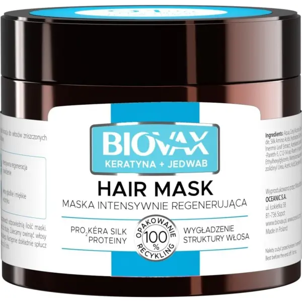 BIOVAX Intensywnie regenerująca maseczka do włosów Keratyna i Jedwab, 250 ml
