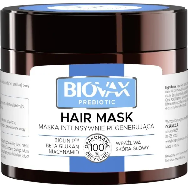 BIOVAX Prebiotic Maska Intensywnie Regenerująca do wrażliwej skóry głowy, 250 ml