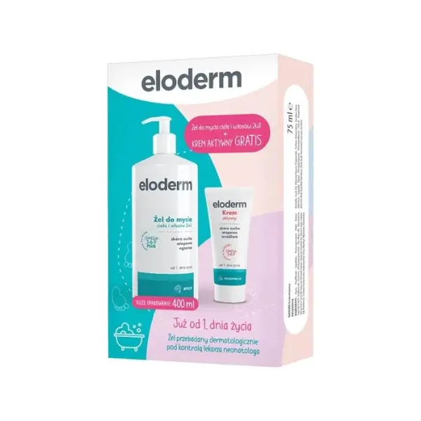 ELODERM Zestaw 2w1 żel do mycia ciała i włosów 400ml + krem aktywny 75ml